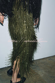 Party Crasher Layered Sequined Tassels High Rise Back Zipper Midi Skirt