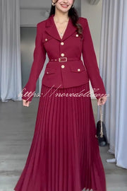 Solid Color Lapel Button Belt Blazer and Pleated Casual Maxi Skirt Set