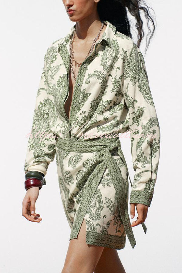 Blend Into Leaves Linen Blend Unique Print Long Sleeve Blouse and Wrap Tie-up Mini Skirt Set