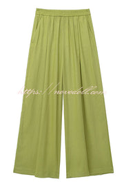 Solid Color Loose Casual Shirt and Elastic Waist Pocket Wide Leg Pants Set