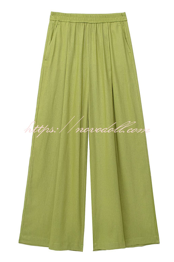 Solid Color Loose Casual Shirt and Elastic Waist Pocket Wide Leg Pants Set