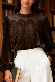 Fashionable Velvet and Lace Patchwork Loose Long-sleeved Top