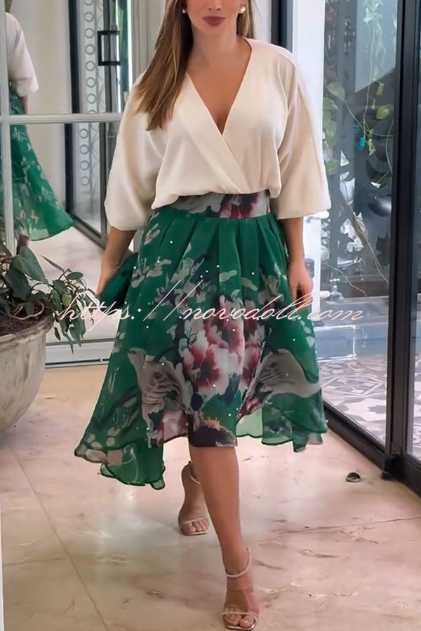Tessy Batwing Sleeve Top and Floral Elastic Waist Pearls Detail High Low Midi Skirt Set