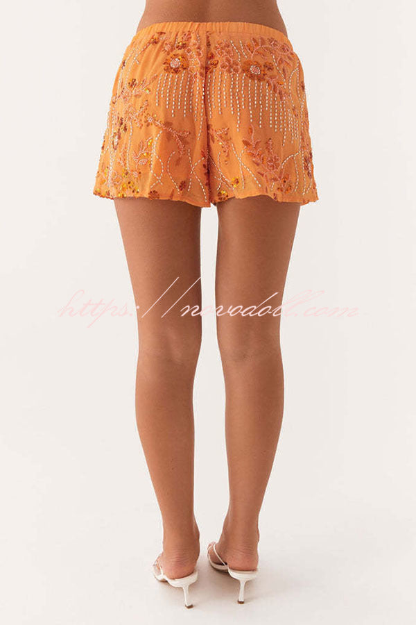 Dazzling Sequin Beaded Material Low Rise Elastic Waist Loose Shorts