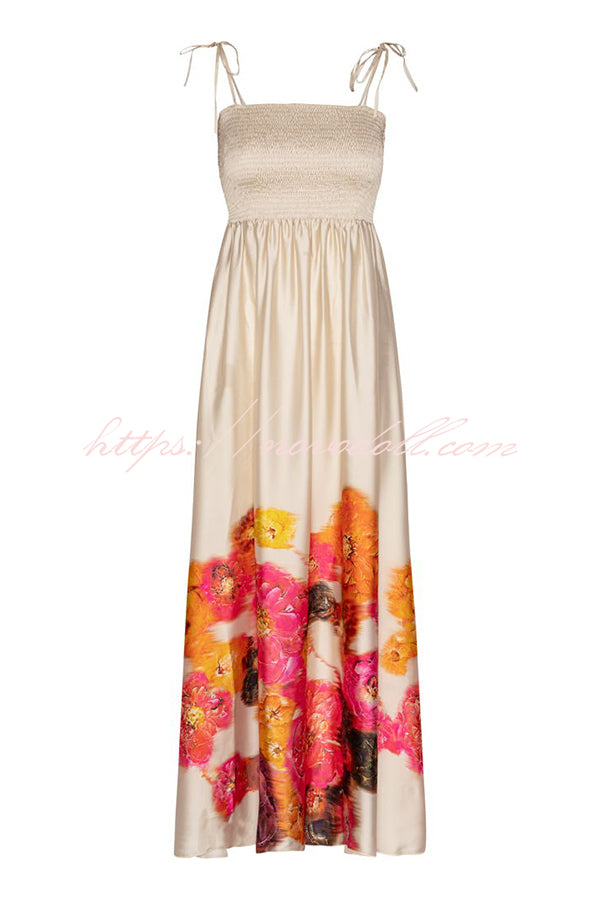 Hidden Garden Satin Floral Print Smocked Tie-up Shoulder Maxi Dress