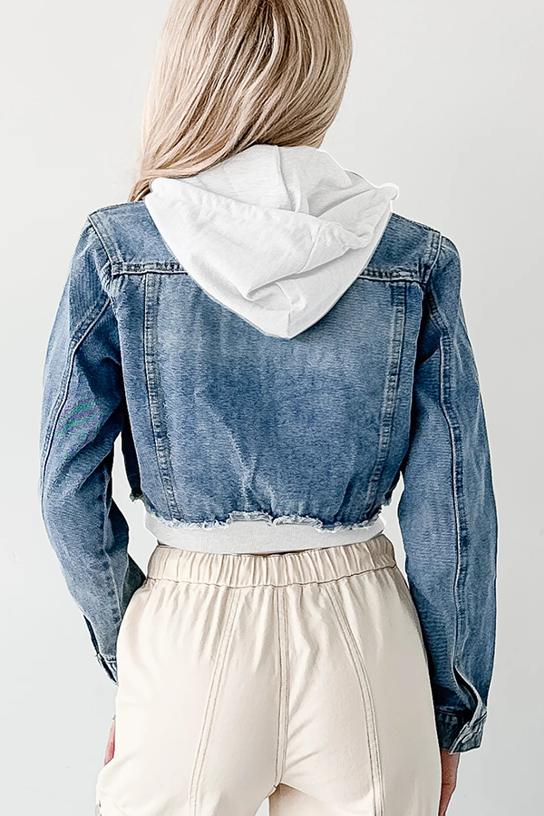 Fashionable Patchwork Hooded Casual Long-sleeved Denim Jacket