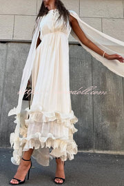 Fashionable V-neck Lace-up Ruffled Double-layer Hem Maxi Dress
