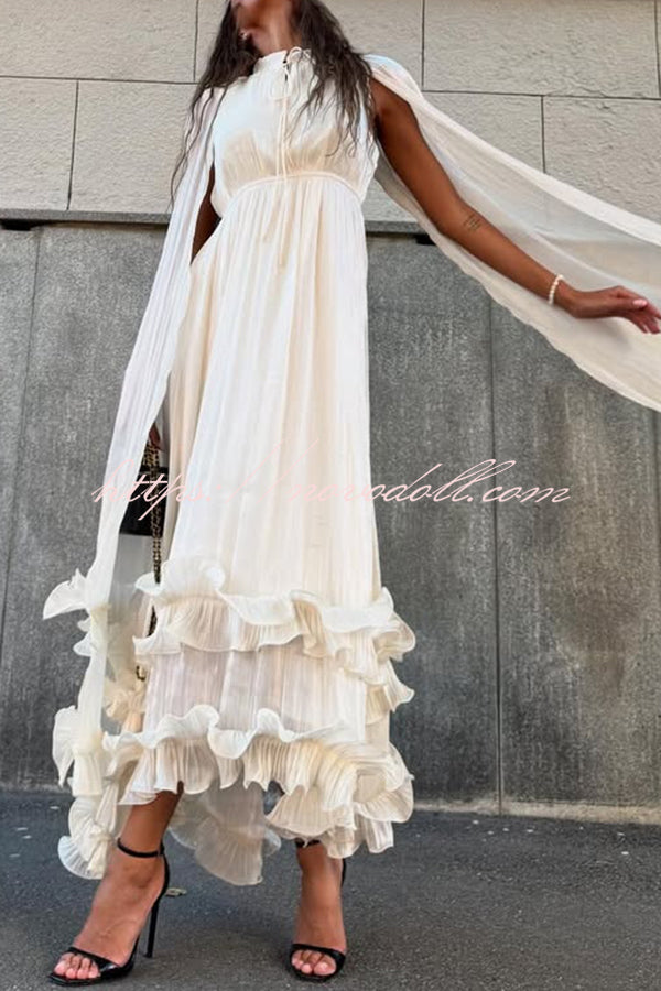 Fashionable V-neck Lace-up Ruffled Double-layer Hem Maxi Dress