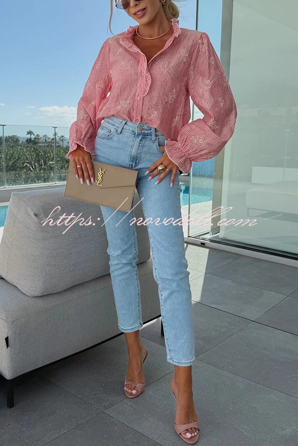 Stripe Print Plant Embroidery Long Sleeve Casual Shirt