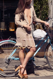 Solid Color V-neck Long Sleeve Slim Fit Raw Edge Knitted Mini Dress