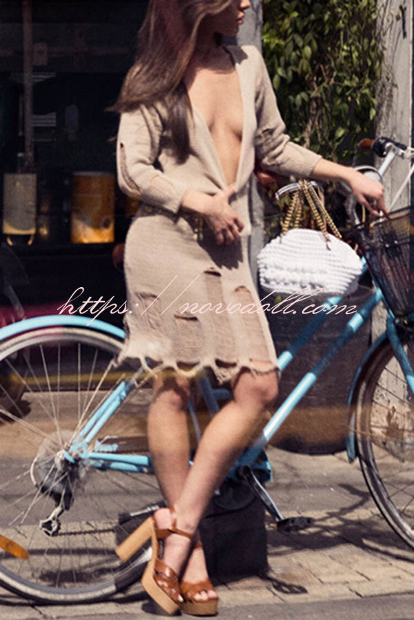 Solid Color V-neck Long Sleeve Slim Fit Raw Edge Knitted Mini Dress
