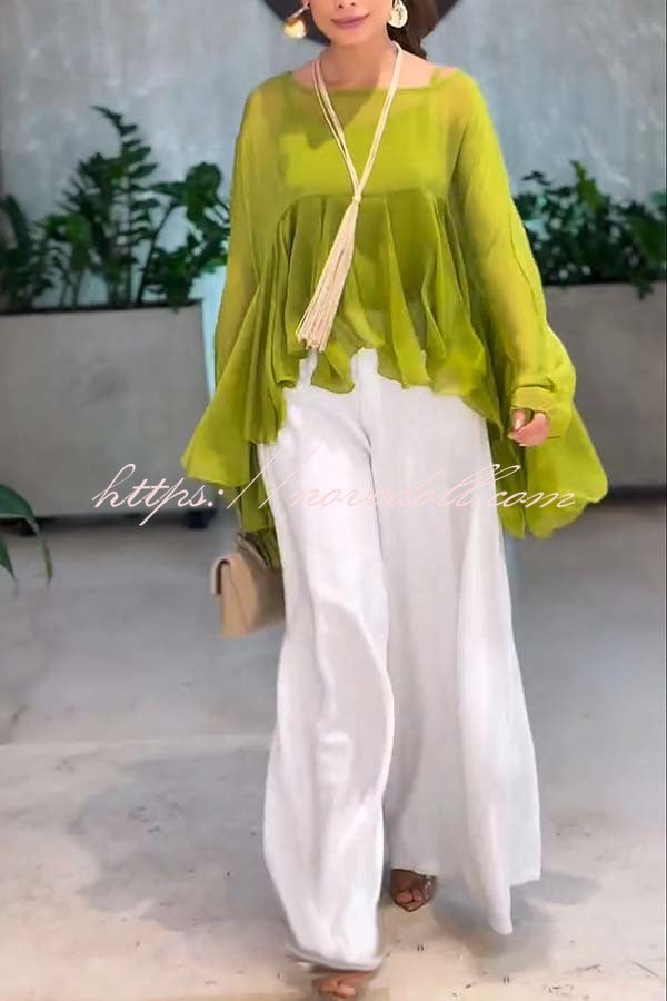 Romantic Journey Chiffon Ruffle Batwing Sleeve Top and Elastic Waist Pocket Loose Pants Set