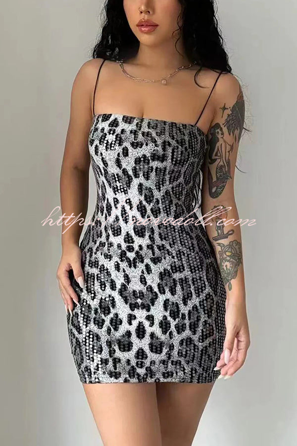 Leopard Print Sequin Sexy Sling Slim Fit Mini Dress