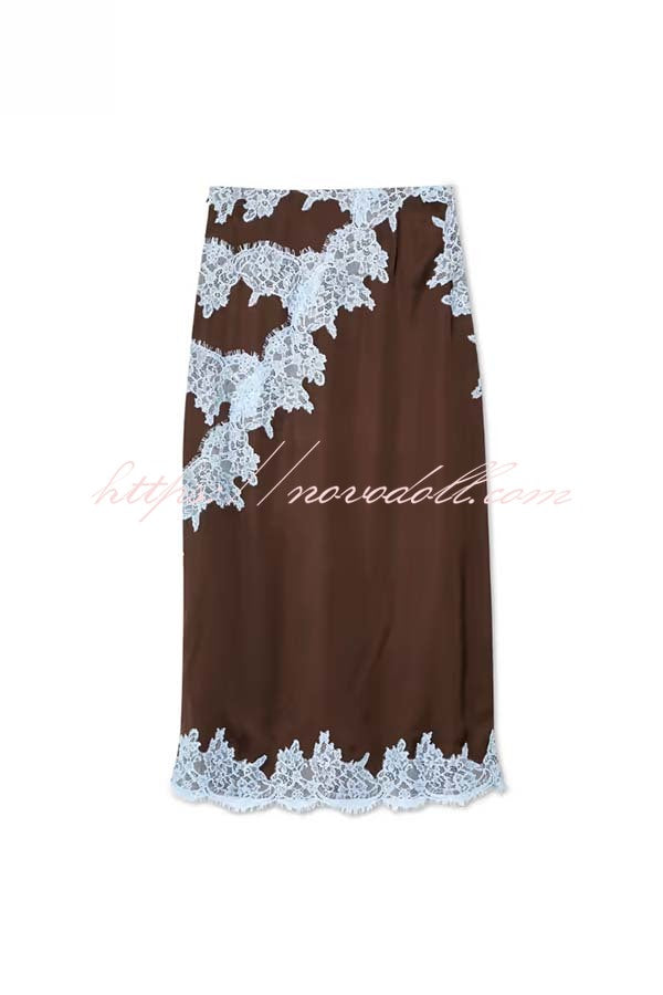 Sunday Social Contrast Color Satin Lace Trim Mid Rise Maxi Skirt