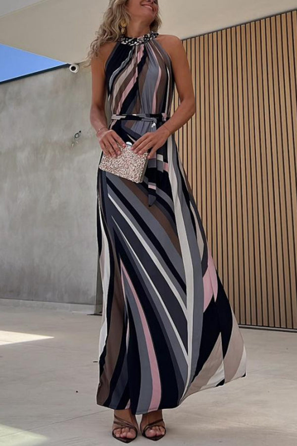 Flowing Elegance Colored Lines Printed Belt Halter Maxi Dress