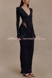 Sexy See-through Long-sleeved V-neck Pleated Slim-fit Maxi Dress