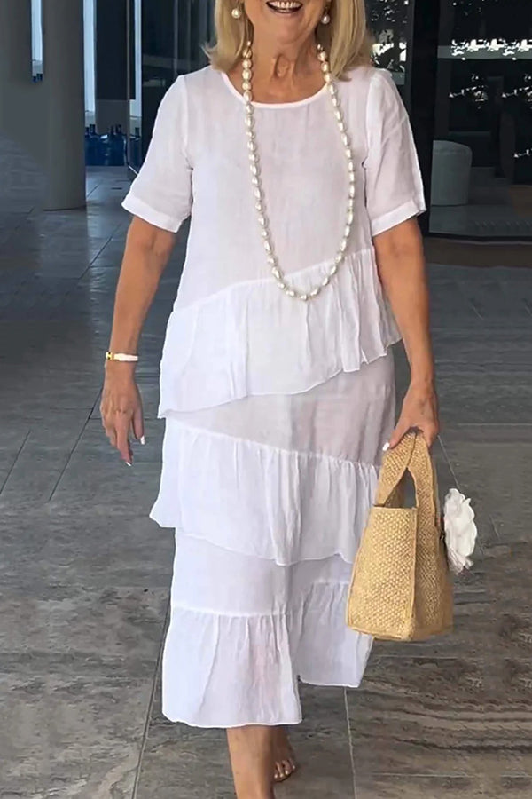 Linen Blend Solid Color Round Neck Casual Loose Midi Dress