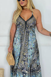 Bohemian Style Unique Print V-neck Suspender Holiday Maxi Dress