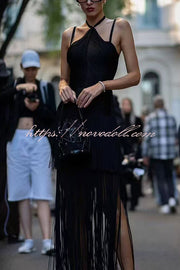 Sexy Halterneck Open Back Elegant Tassel Slim Maxi Dress