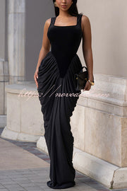 Fashionable Velvet Patchwork Square Neck Sleeveless Draped Maxi Dress