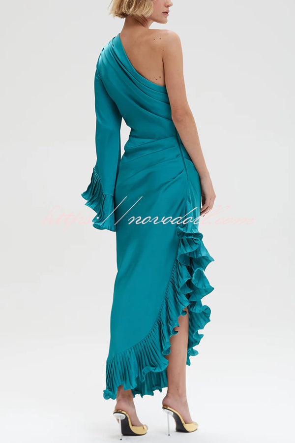 Elegant Satin One Shoulder Sleeve Pleated Ruffles Trim Ruched Asymmetrical Maxi Dress
