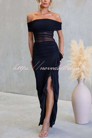 Sexy Mesh Off-shoulder Slim Fit Ruffled Slit Maxi Dress