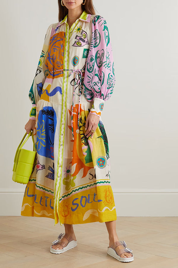 Boldness and Art Linen Blend Unique Print Balloon Sleeve Patchwork Shirt Midi Dress