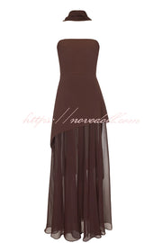 Monaco Off Shoulder Structured Top Chiffon Slit Hem Scarf Maxi Dress