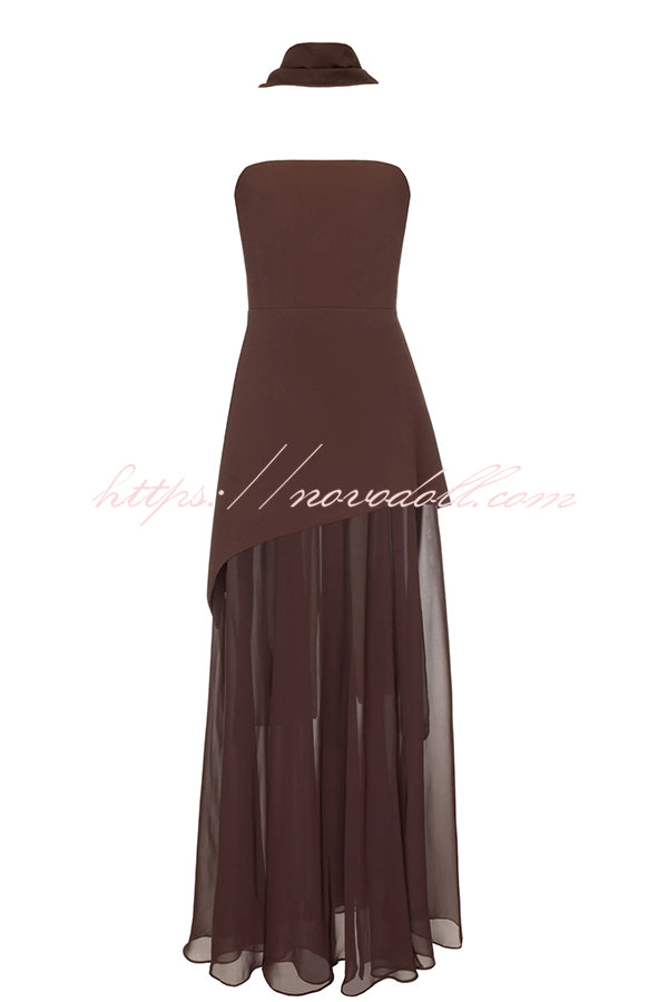 Monaco Off Shoulder Structured Top Chiffon Slit Hem Scarf Maxi Dress