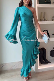 Elegant Satin One Shoulder Sleeve Pleated Ruffles Trim Ruched Asymmetrical Maxi Dress