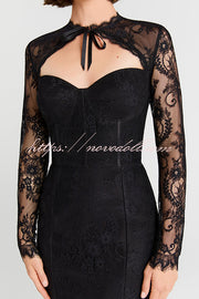 Mylene Lace Corset Cut Sweetheart Tie-up Neck Sheer Long Sleeve Slit Midi Dress