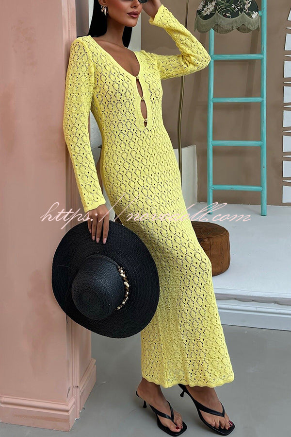 Fashion V-neck Long-sleeved Hollow Slim Maxi Dress