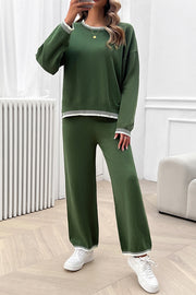 Home Casual Contrasting Color Knitted Sweater and Elastic Waist Loose Pants Set