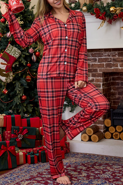 Plaid Print Casual Long-sleeved Shirt and Elastic Waist Pants Set