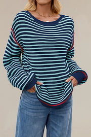 Striped Knit Loose-fitting Crew Neck Long-sleeved Casual Sweater