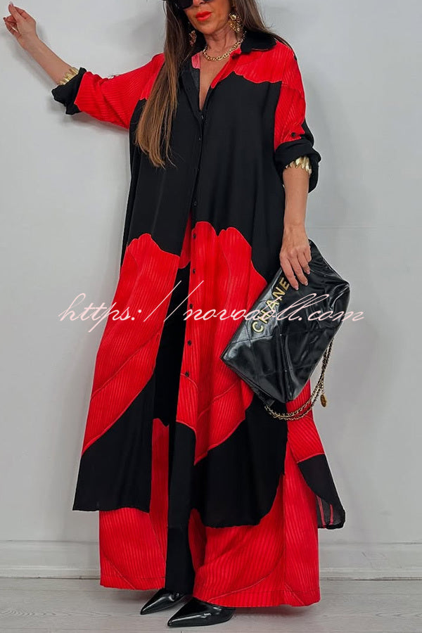 Unique Printed Casual Loose Long Shirt and Elastic Waist Pocket Wide Leg Pants Set