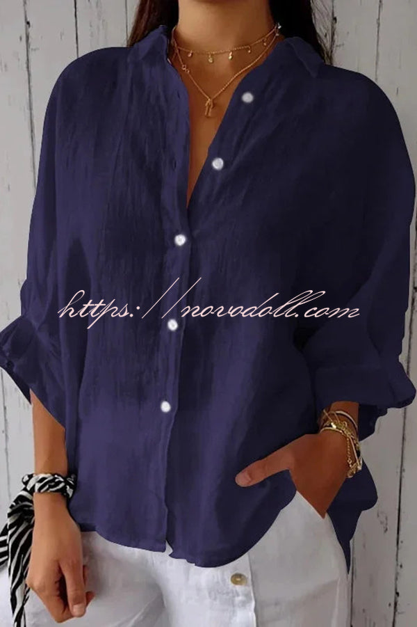 Linen Blend Solid Color Tie Back Loose Shirt Top