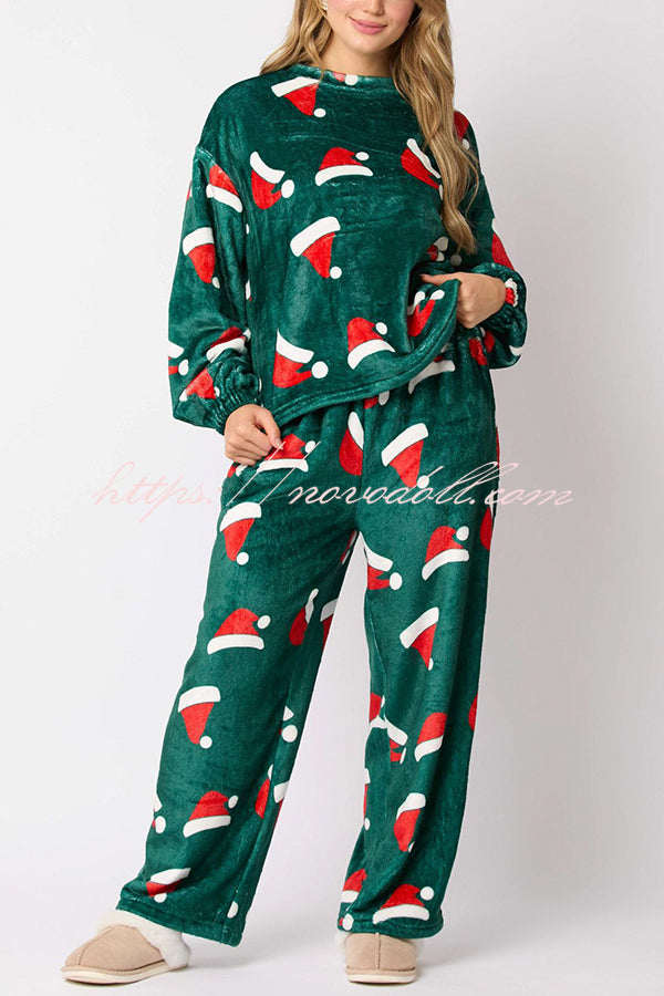 Christmas Printed Crew Neck Long Sleeve Top and Elastic Waist Loose Pants Set