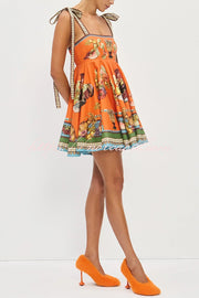 Linen Blend Unique Print Suspender Tie Casual Mini Dress