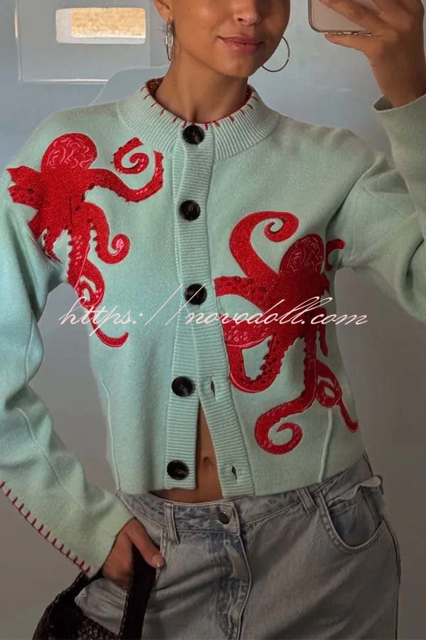 Coastal Fashion Knit Octopus Graphic Contrast Piping Button Up Loose Cardigan