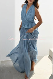 Pure Lightness Chiffon Pleated Halter Backless Top and Elastic Waist A-line Maxi Skirt Set
