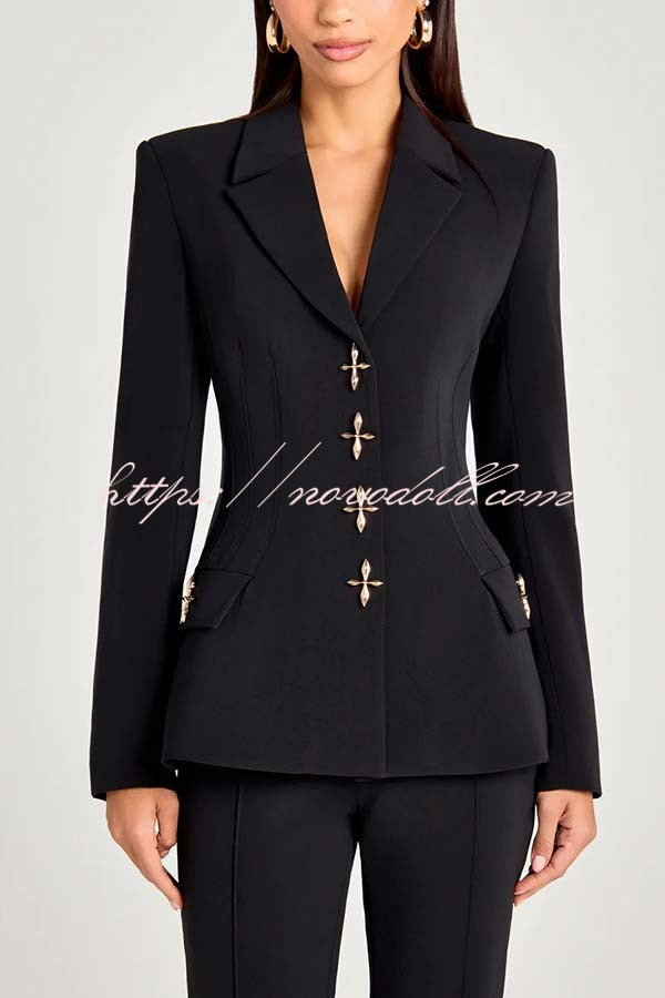 Women Power Metal Cross Snap Button Long Sleeve Lapel Blazer