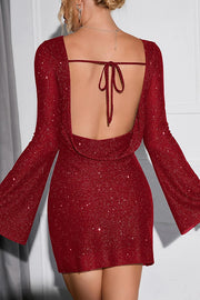 Solid Sequined Open Back Lace Up Mini Dress