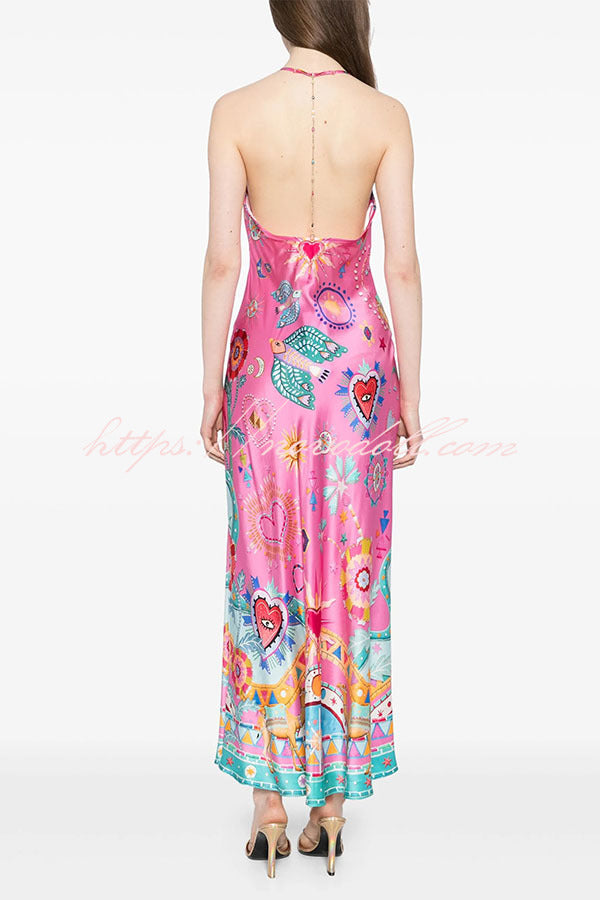 Effortless Chic Satin Unique Print Back Chain Detail Slip Maxi Dress