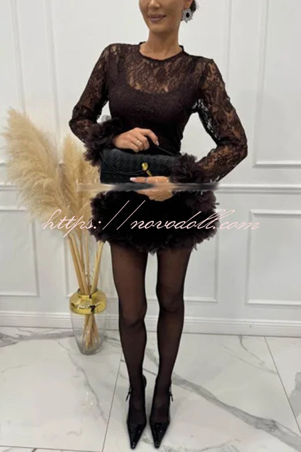 Alyssa Lace Fabric Tulle Layered Petals Trim Long Sleeve Mini Dress