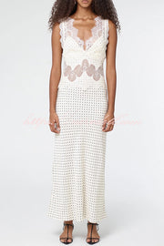 Wonderful Fusion Satin Lace Trim Poka Dot V-neck Drape Maxi Dress