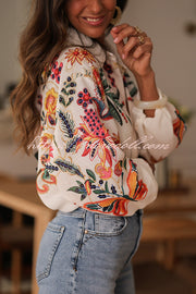 Botanical Print Loose Lapel Long Sleeve Casual Shirt