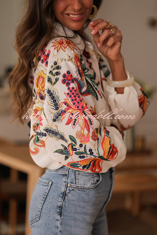 Botanical Print Loose Lapel Long Sleeve Casual Shirt