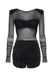 Sexy Mesh See-through Long-sleeved Backless Pleated Rompers