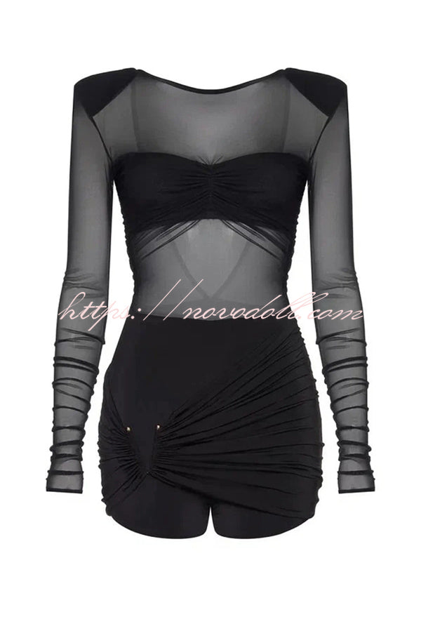 Sexy Mesh See-through Long-sleeved Backless Pleated Rompers